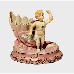 Vintage Pink White Cherub Shell Style Planter Ceramic Angel 5.75 X 7.25
